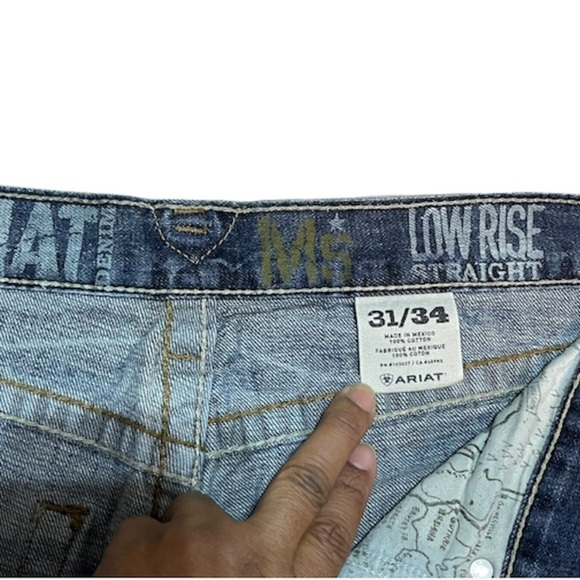 ARIAT Denim M5 Men’s Blue Jeans Low Rise Straight 31x34 W/ Patches Distressed - Picture 6 of 15